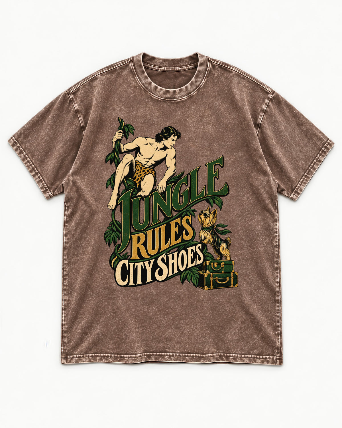 Jungle Rules City Shoes Yorkshire Terrier Washed Tee in Coffee, flat lay product photo
