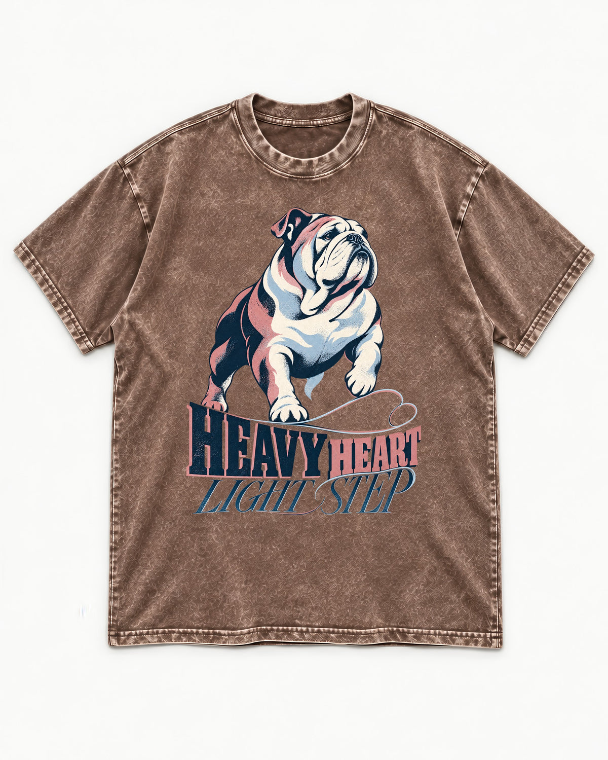 Heavy Heart Light Step English Bulldog Washed Tee in Coffee, flat lay product photo