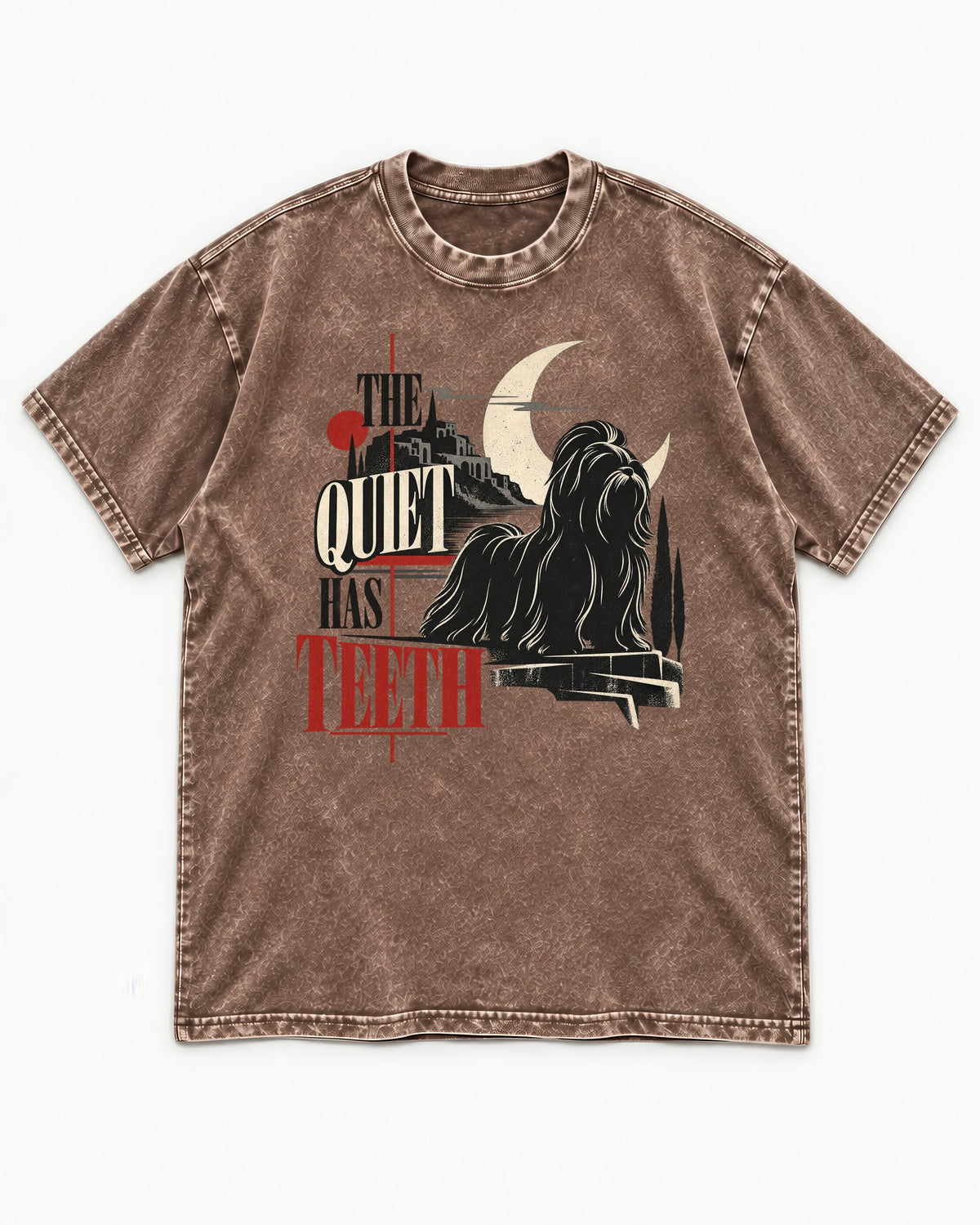 The Quiet Shih Tzu Has Teeth Washed Tee in Coffee, flat lay product photo