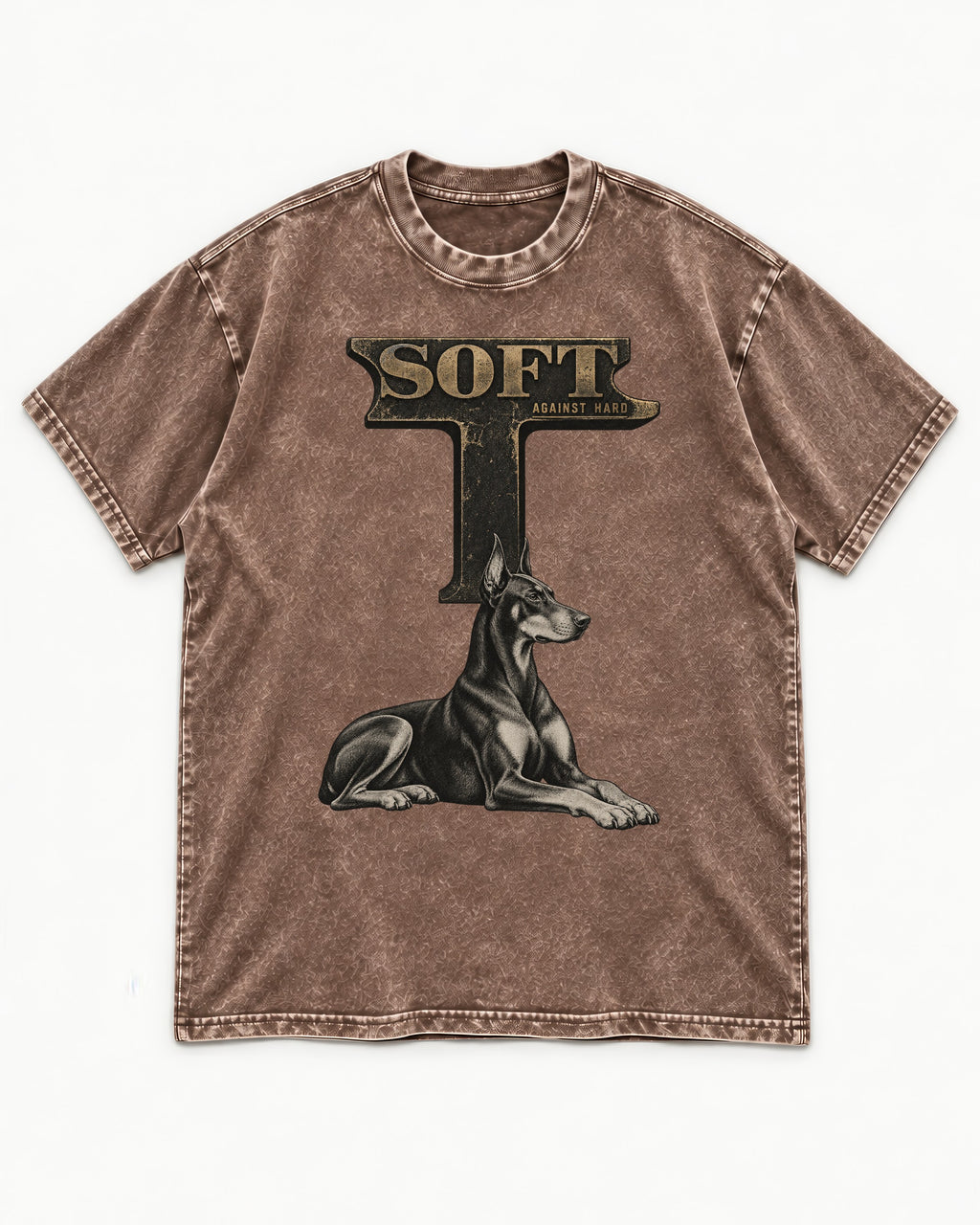 Soft Against Hard Doberman Washed Tee in Coffee, flat lay product photo
