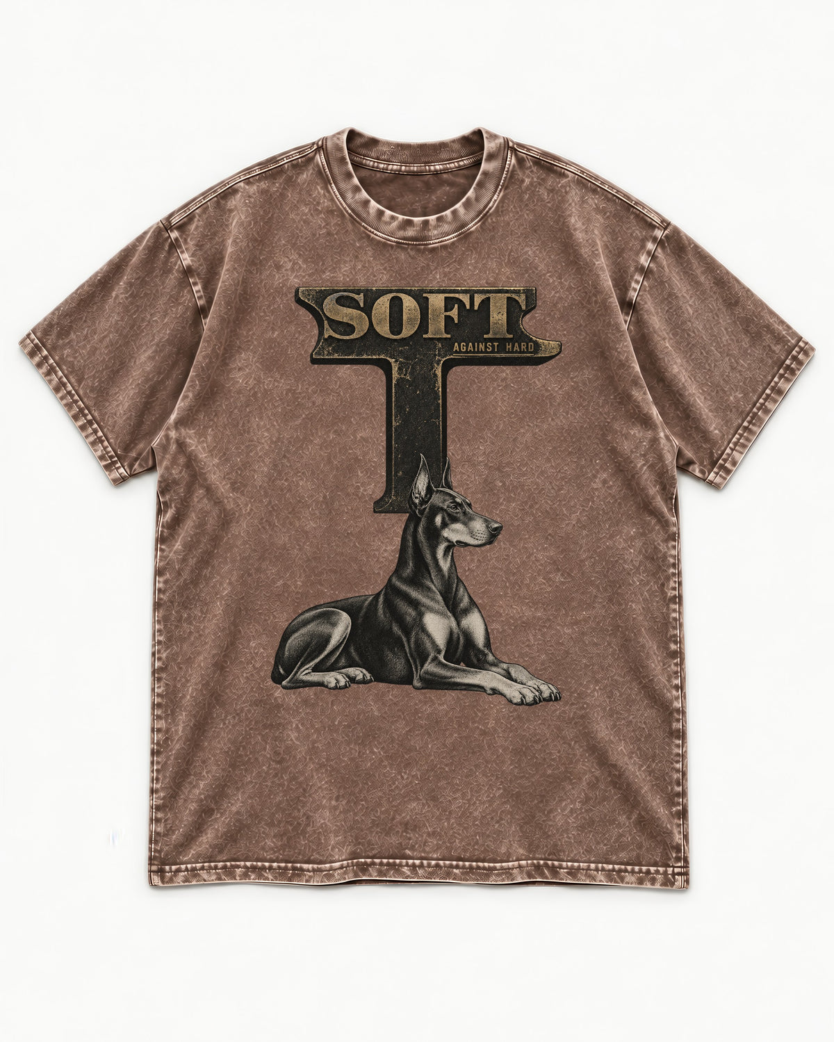 Soft Against Hard Doberman Washed Tee in Coffee, flat lay product photo