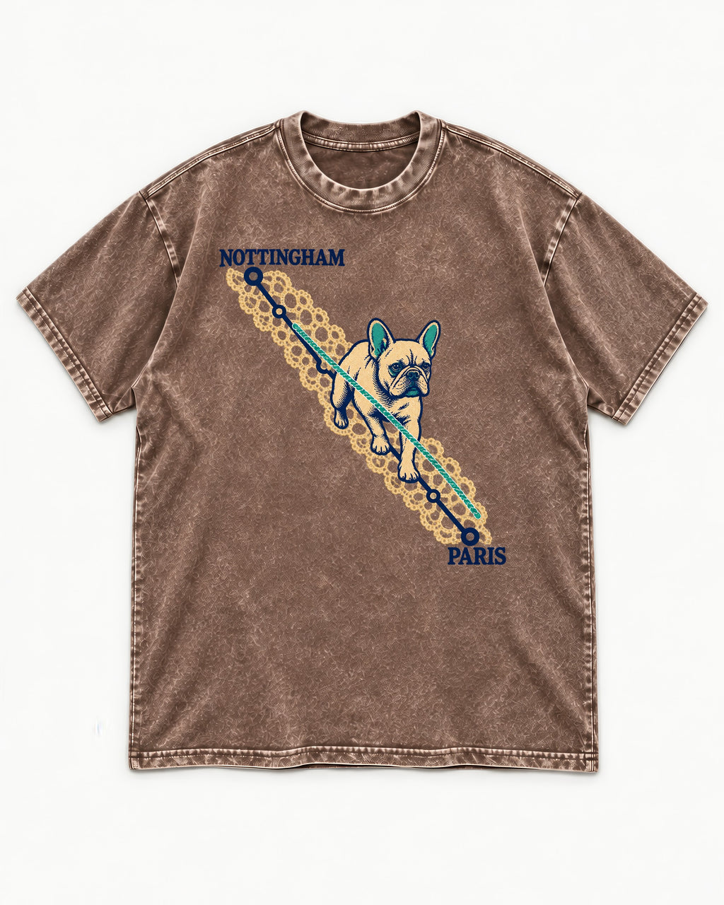 Nottingham to Paris Frenchie Washed Tee in Coffee, flat lay product photo