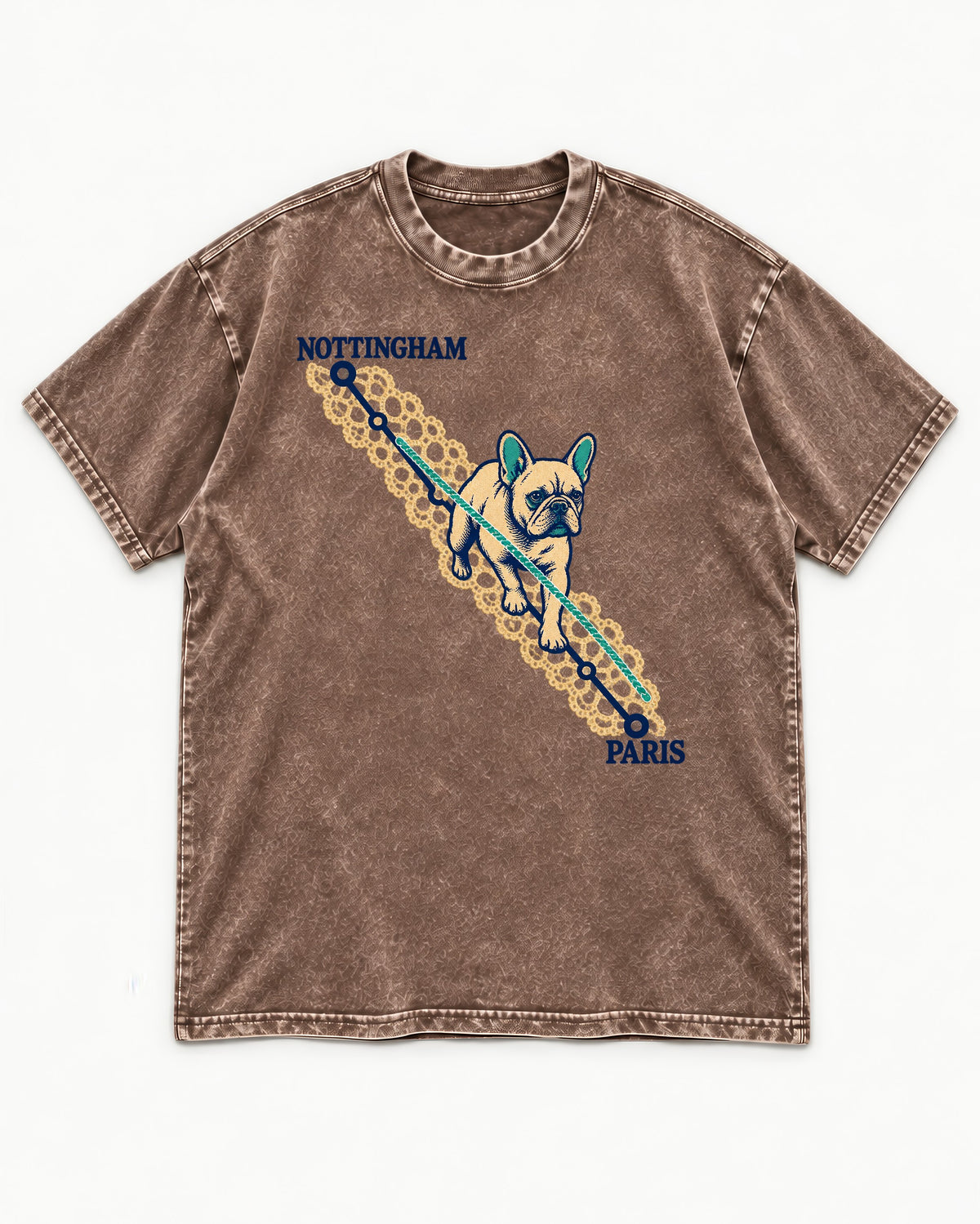 Nottingham to Paris Frenchie Washed Tee in Coffee, flat lay product photo