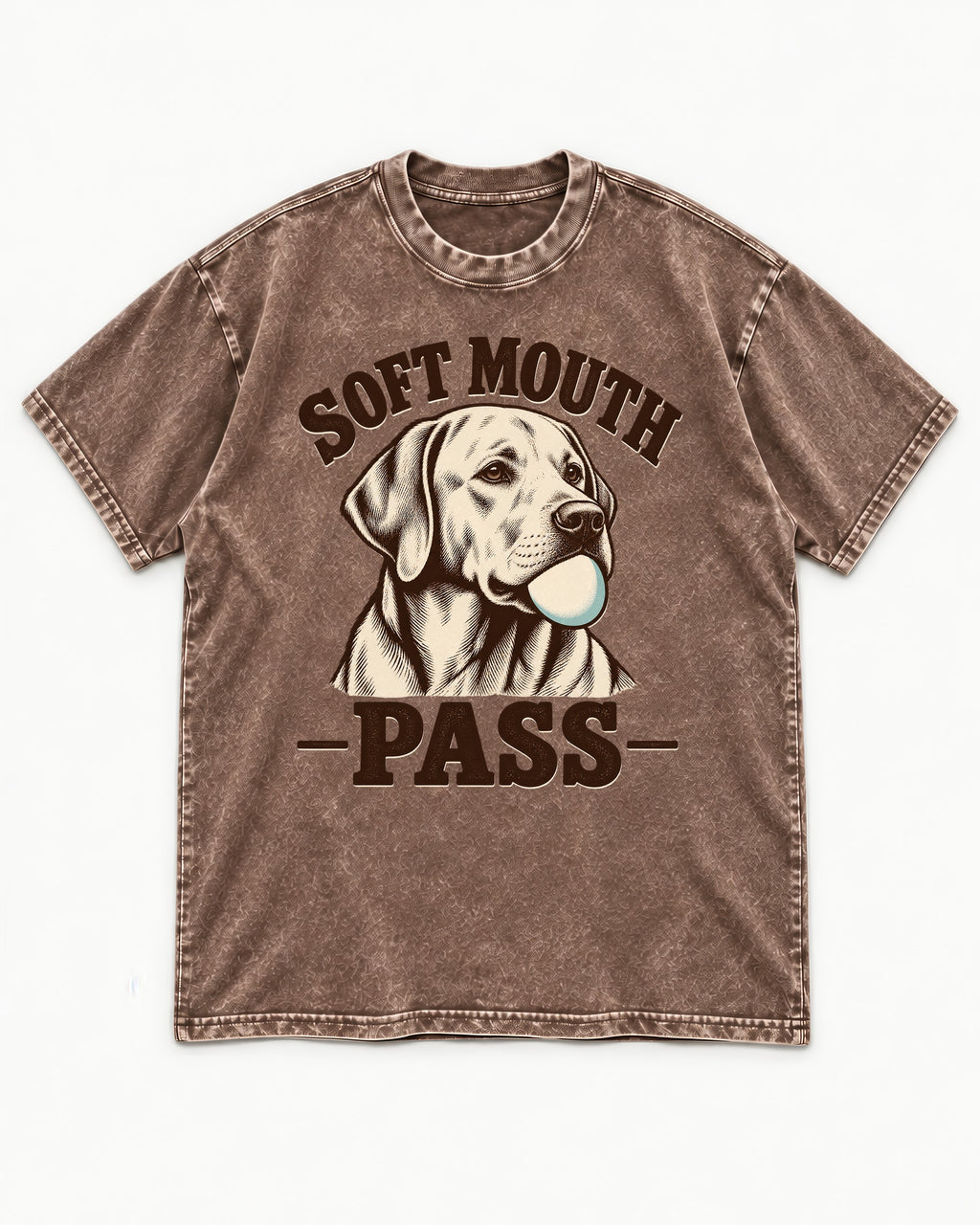 Soft Mouth Pass Labrador Retriever Washed Tee in Coffee, flat lay product photo