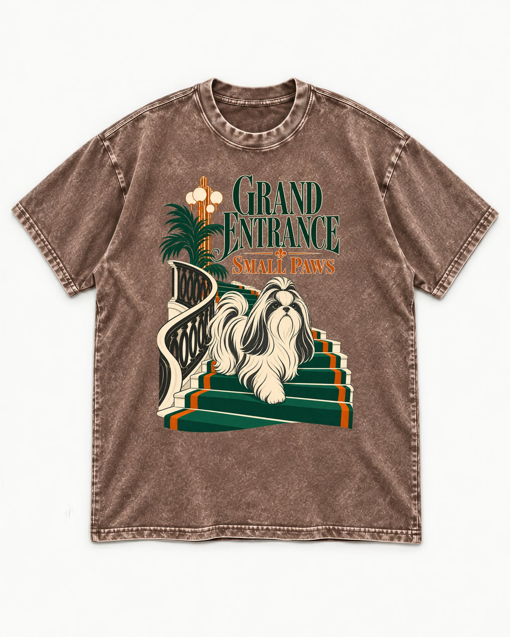 Shih Tzu Grand Entrance Small Paws Staircase Graphic Washed Tee in Coffee, flat lay product photo