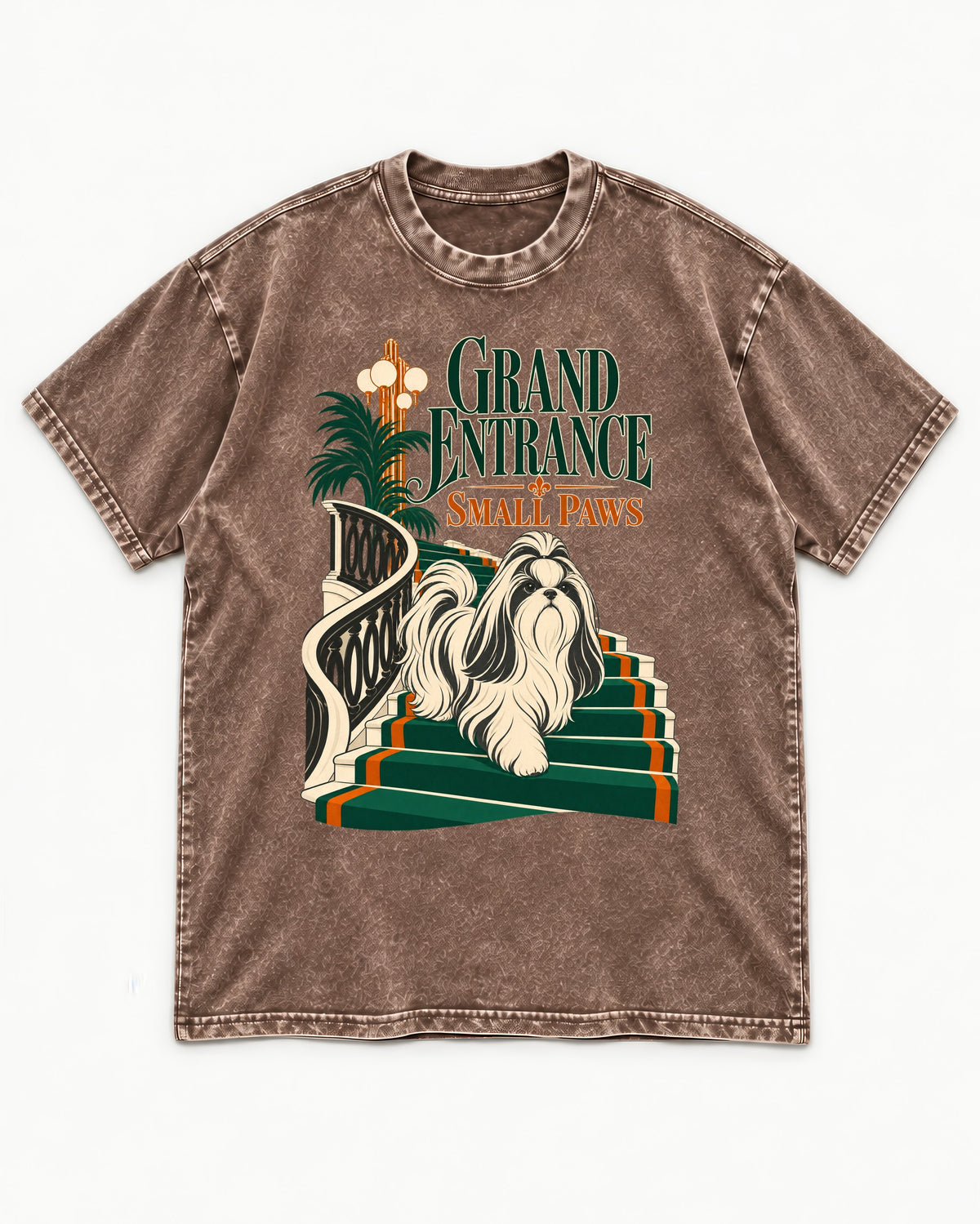 Shih Tzu Grand Entrance Small Paws Staircase Graphic Washed Tee in Coffee, flat lay product photo