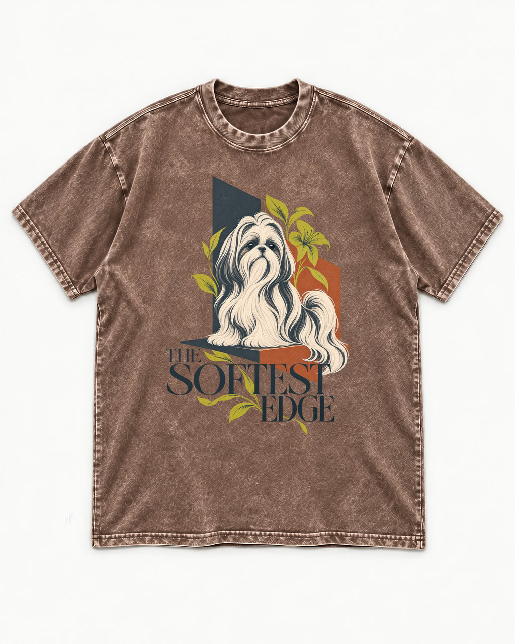Shih Tzu The Softest Edge Washed Tee in Coffee, flat lay product photo