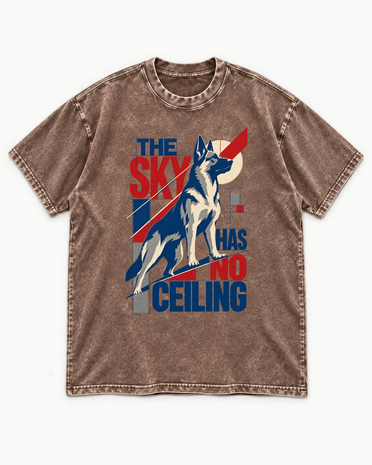 Sky Has No Ceiling German Shepherd Dog Washed Tee in Coffee, flat lay product photo