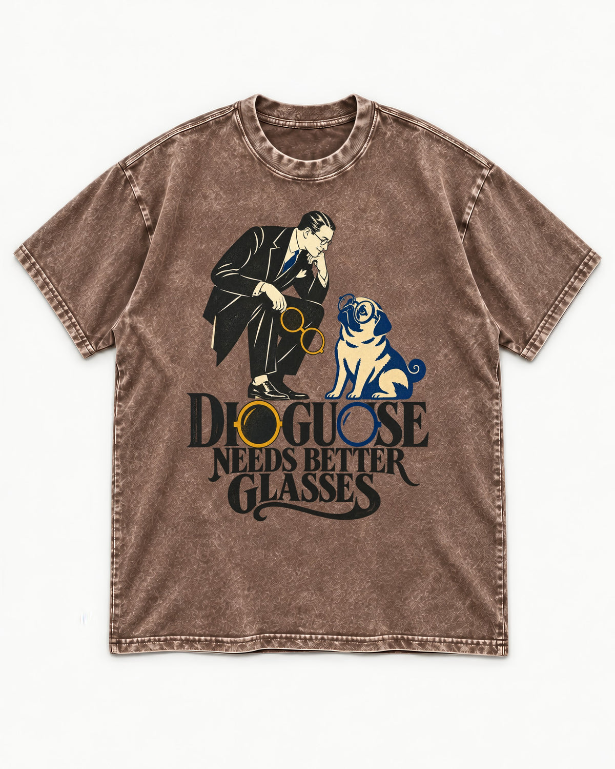 Pug Needs Better Glasses Washed Tee in Coffee, flat lay product photo
