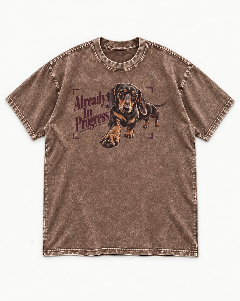 Dachshund Already in Progress Washed Tee in Coffee, flat lay product photo