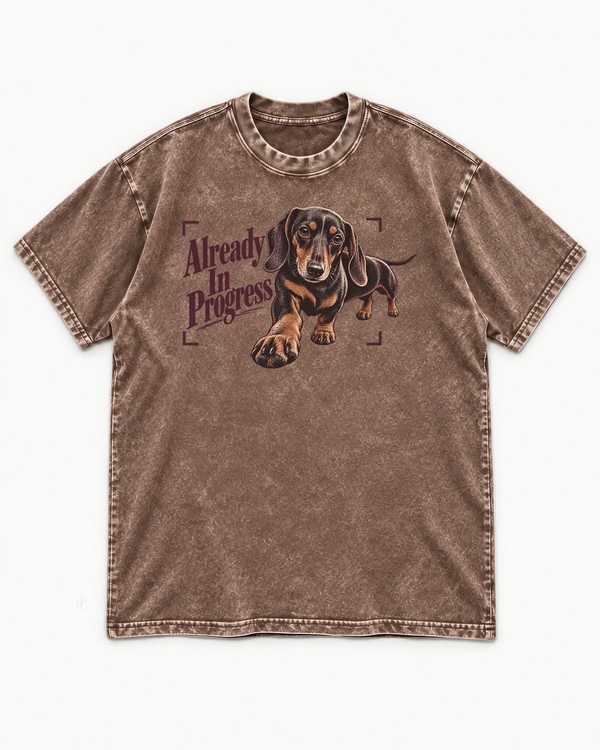 Dachshund Already in Progress Washed Tee in Coffee, flat lay product photo