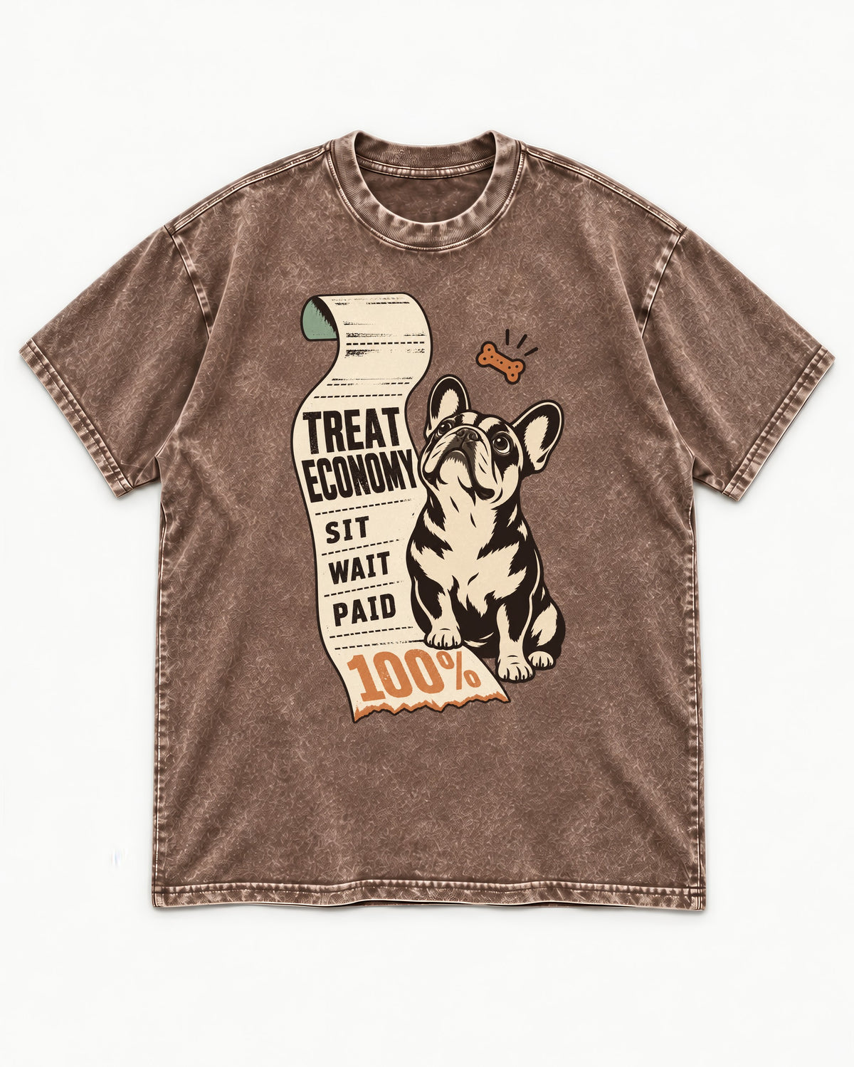 Sit Wait Paid Frenchie Washed Tee in Coffee, flat lay product photo