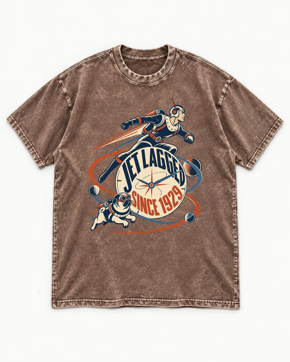 Jet Lagged Pug Washed Tee in Coffee, flat lay product photo