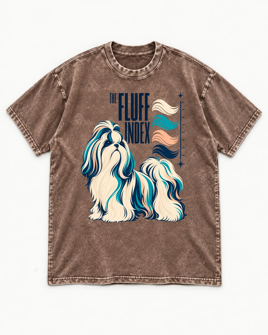Shih Tzu The Fluff Index Coat Color Chart Graphic Washed Tee in Coffee, flat lay product photo