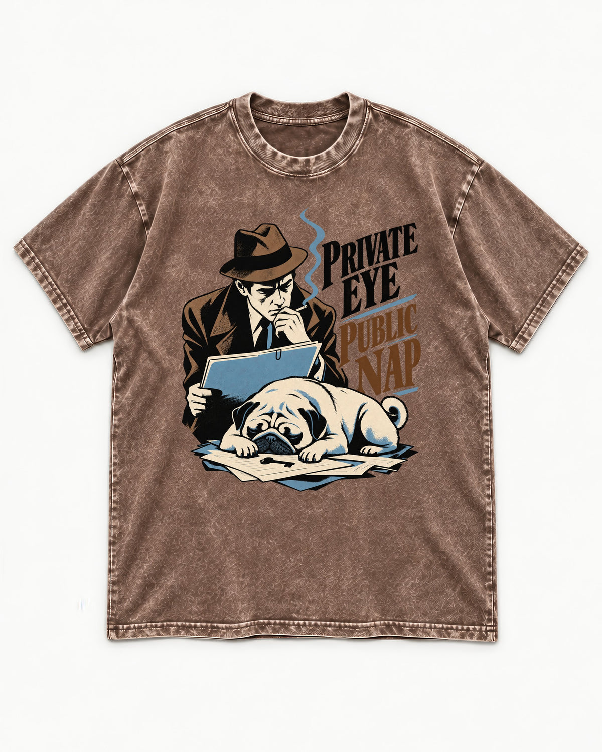 Pug Private Eye Public Nap Washed Tee in Coffee, flat lay product photo