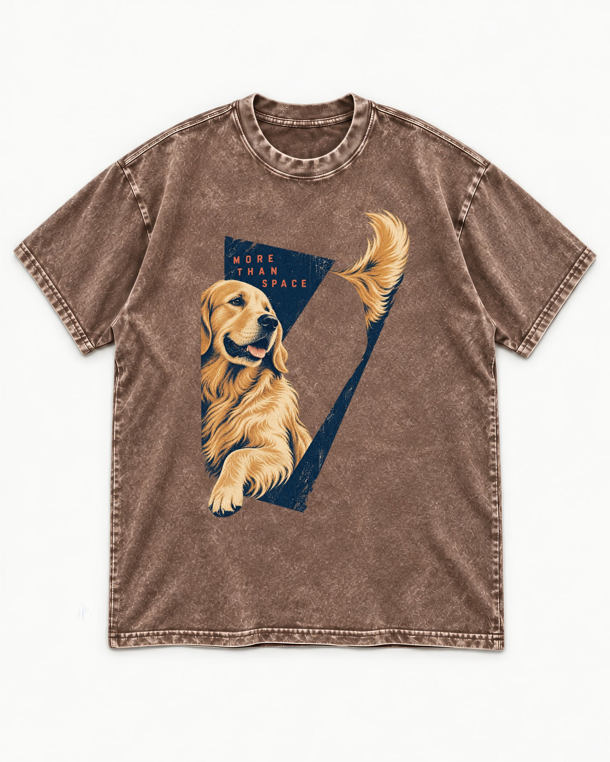 Golden Retriever More Than Space Washed Tee in Coffee, flat lay product photo