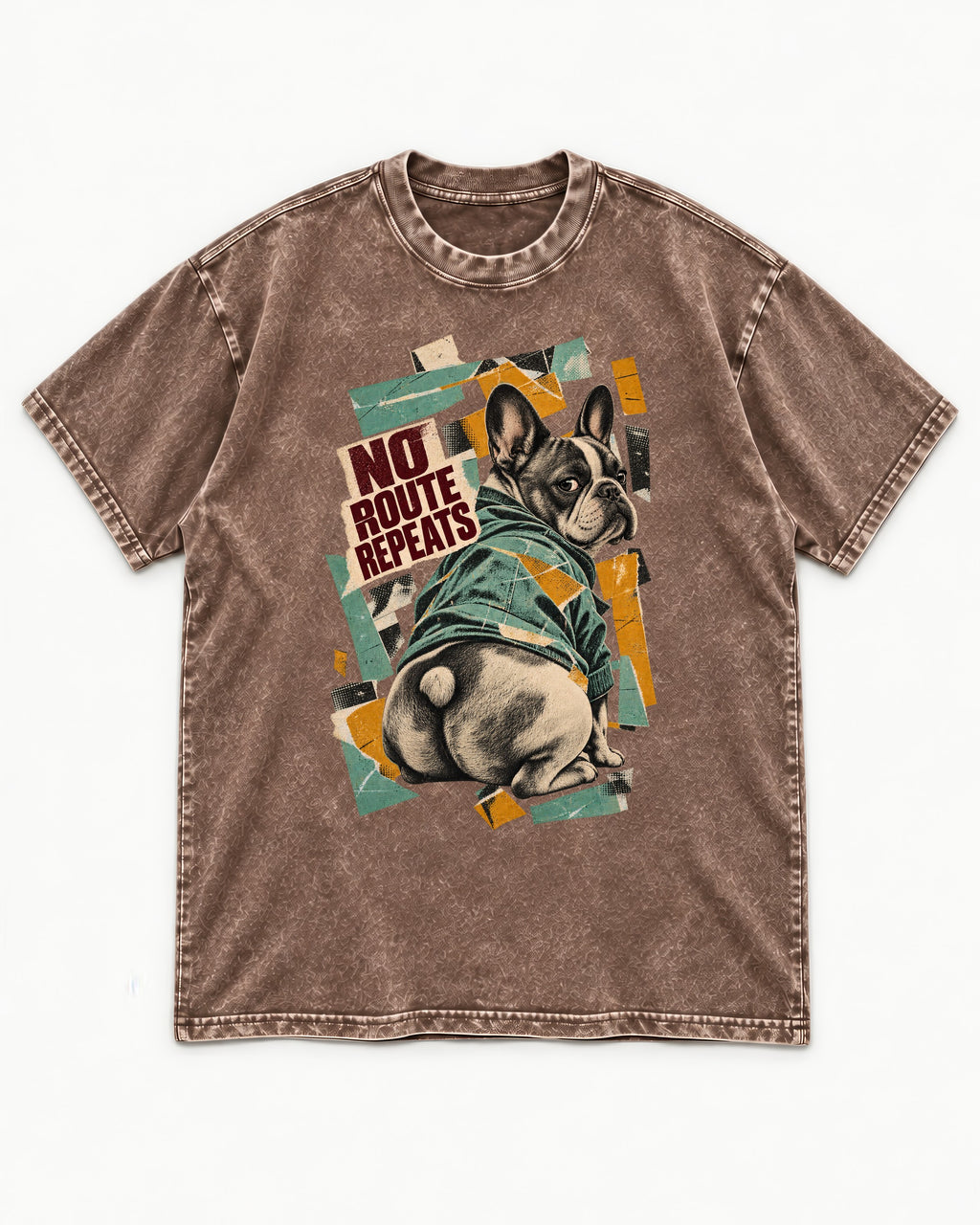 No Route Repeats Frenchie Washed Tee in Coffee, flat lay product photo