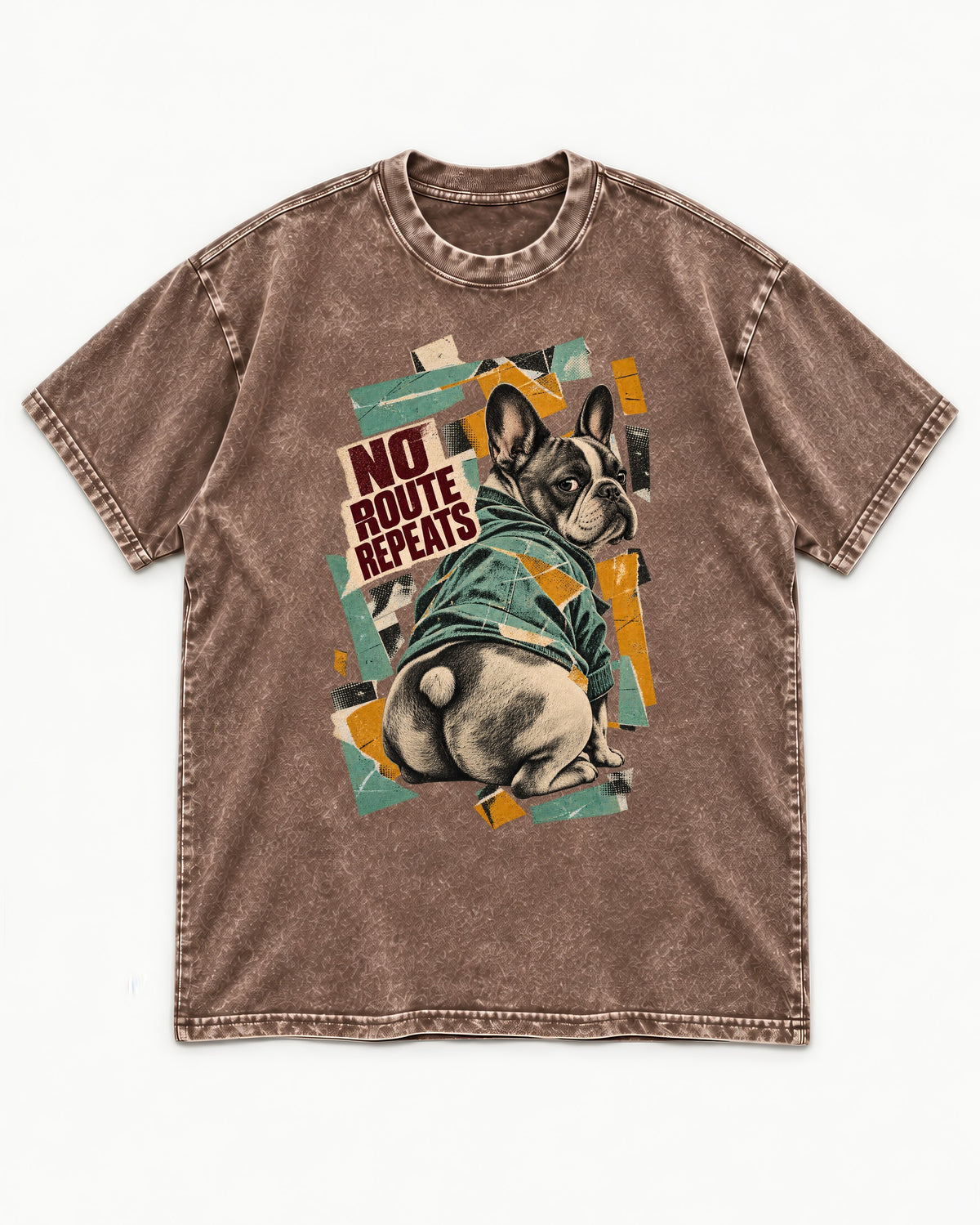 No Route Repeats Frenchie Washed Tee in Coffee, flat lay product photo