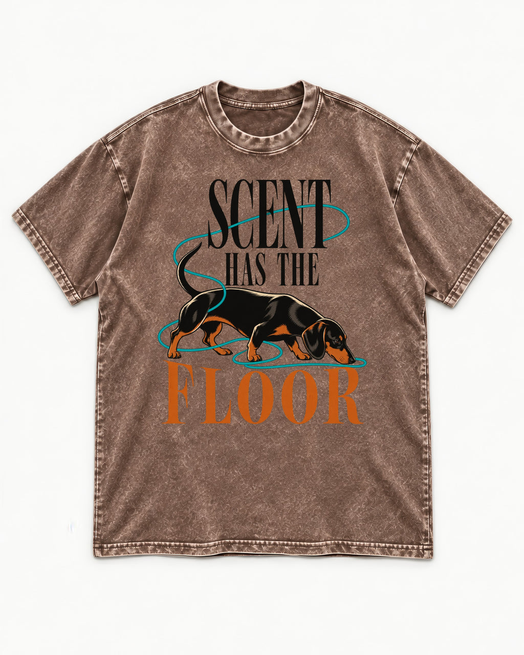 Dachshund Scent Has the Floor Washed Tee in Coffee, flat lay product photo