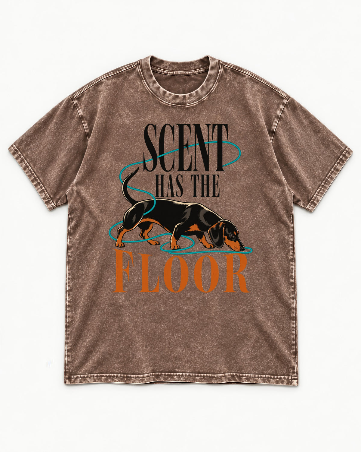 Dachshund Scent Has the Floor Washed Tee in Coffee, flat lay product photo