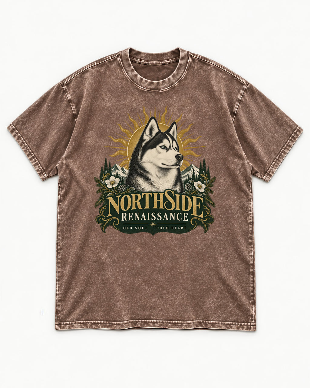 Northside Renaissance Husky Washed Tee in Coffee, flat lay product photo