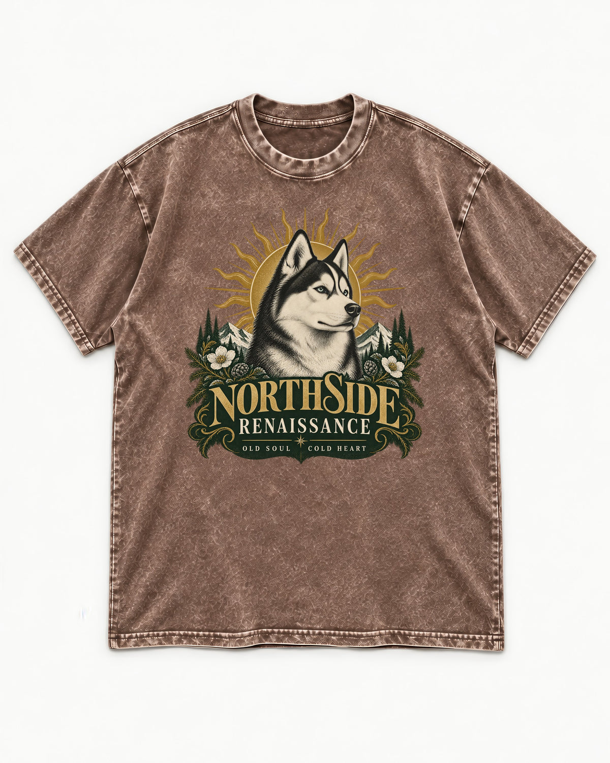 Northside Renaissance Husky Washed Tee in Coffee, flat lay product photo