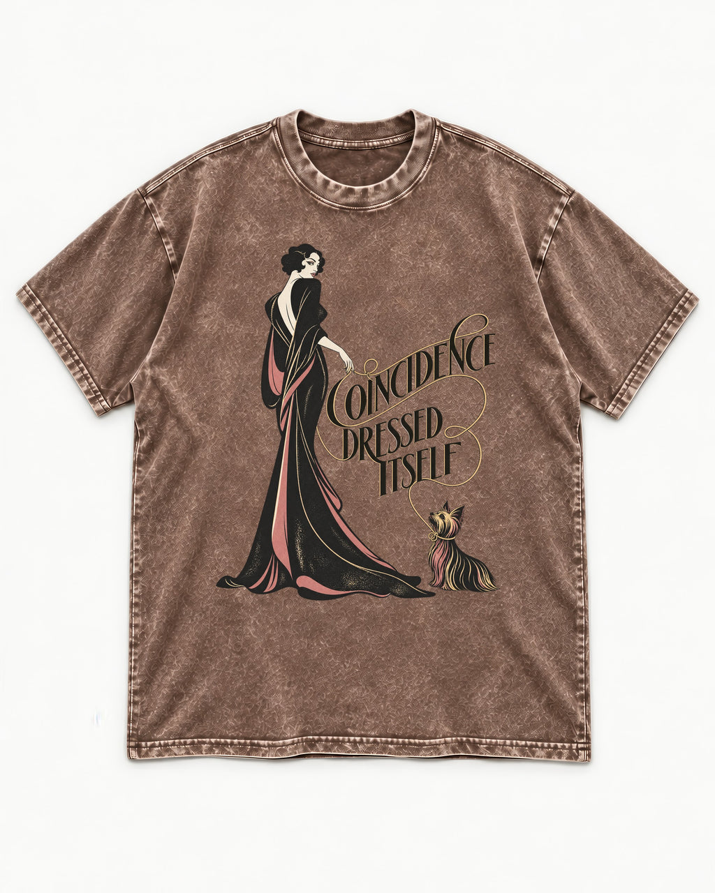 Yorkshire Terrier Coincidence Dressed Itself Art Deco Graphic Washed Tee in Coffee, flat lay product photo