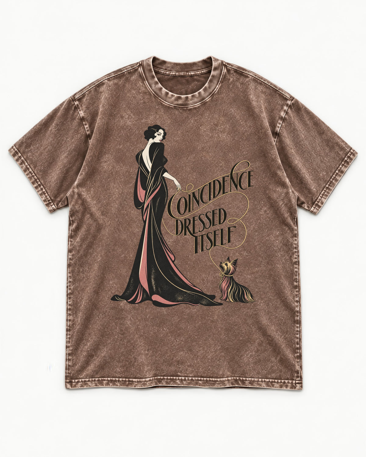 Yorkshire Terrier Coincidence Dressed Itself Art Deco Graphic Washed Tee in Coffee, flat lay product photo