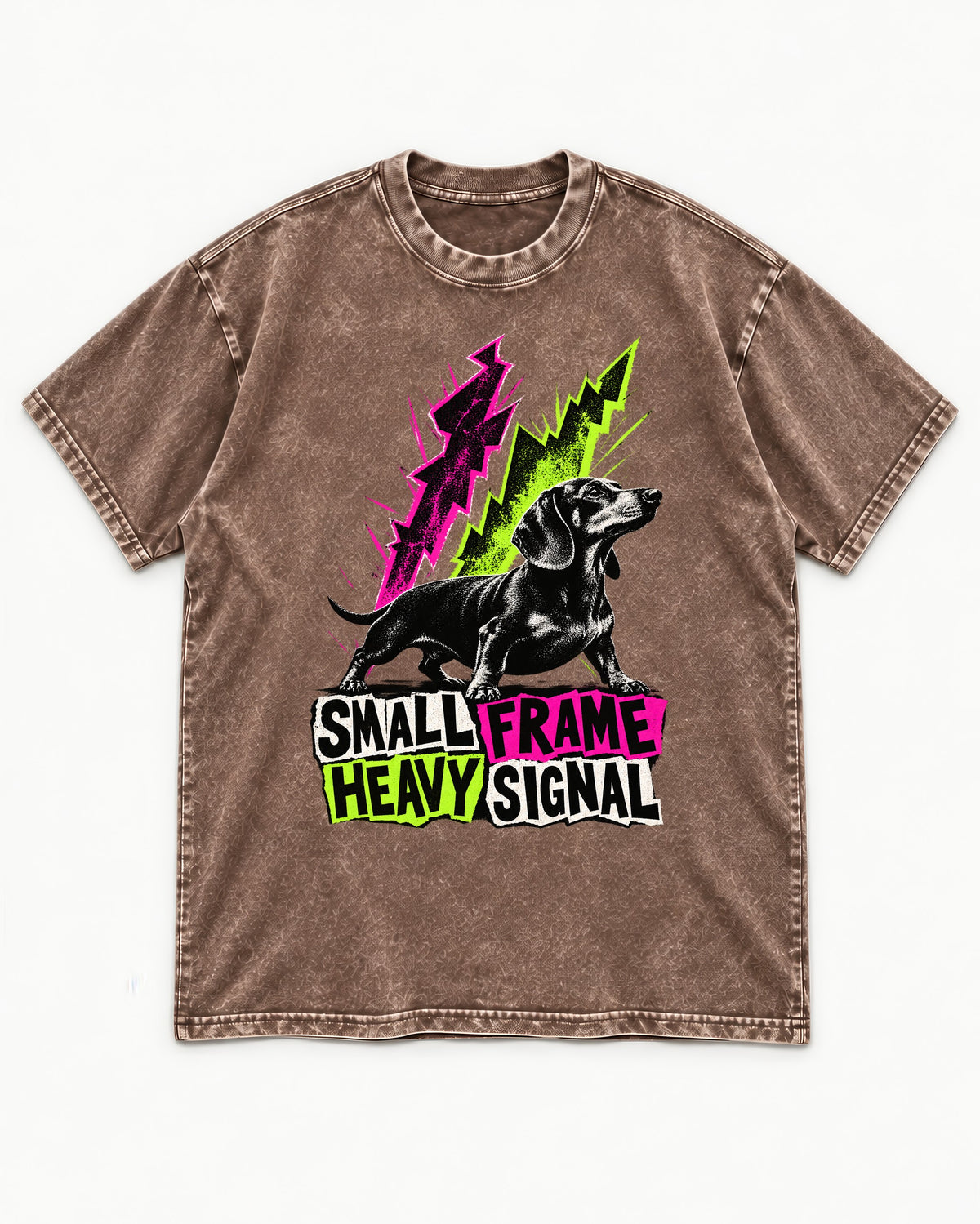 Dachshund Small Frame Heavy Signal Washed Tee in Coffee, flat lay product photo