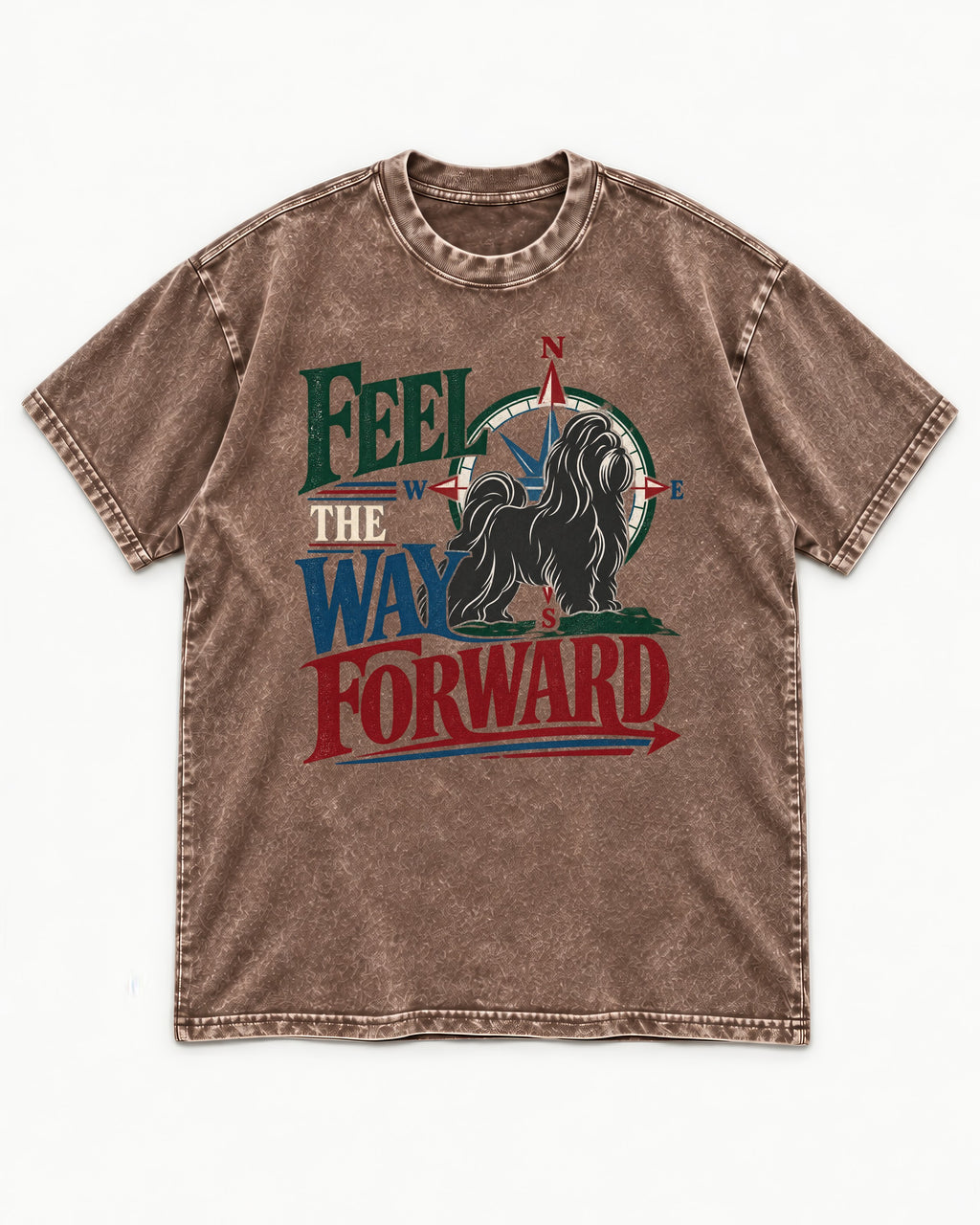 Shih Tzu Feel the Way Forward Compass Graphic Washed Tee in Coffee, flat lay product photo