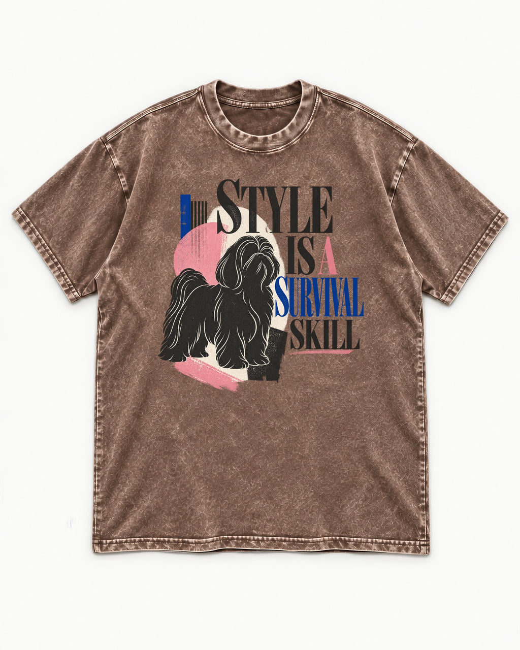 Shih Tzu Survival Skill Washed Tee in Coffee, flat lay product photo