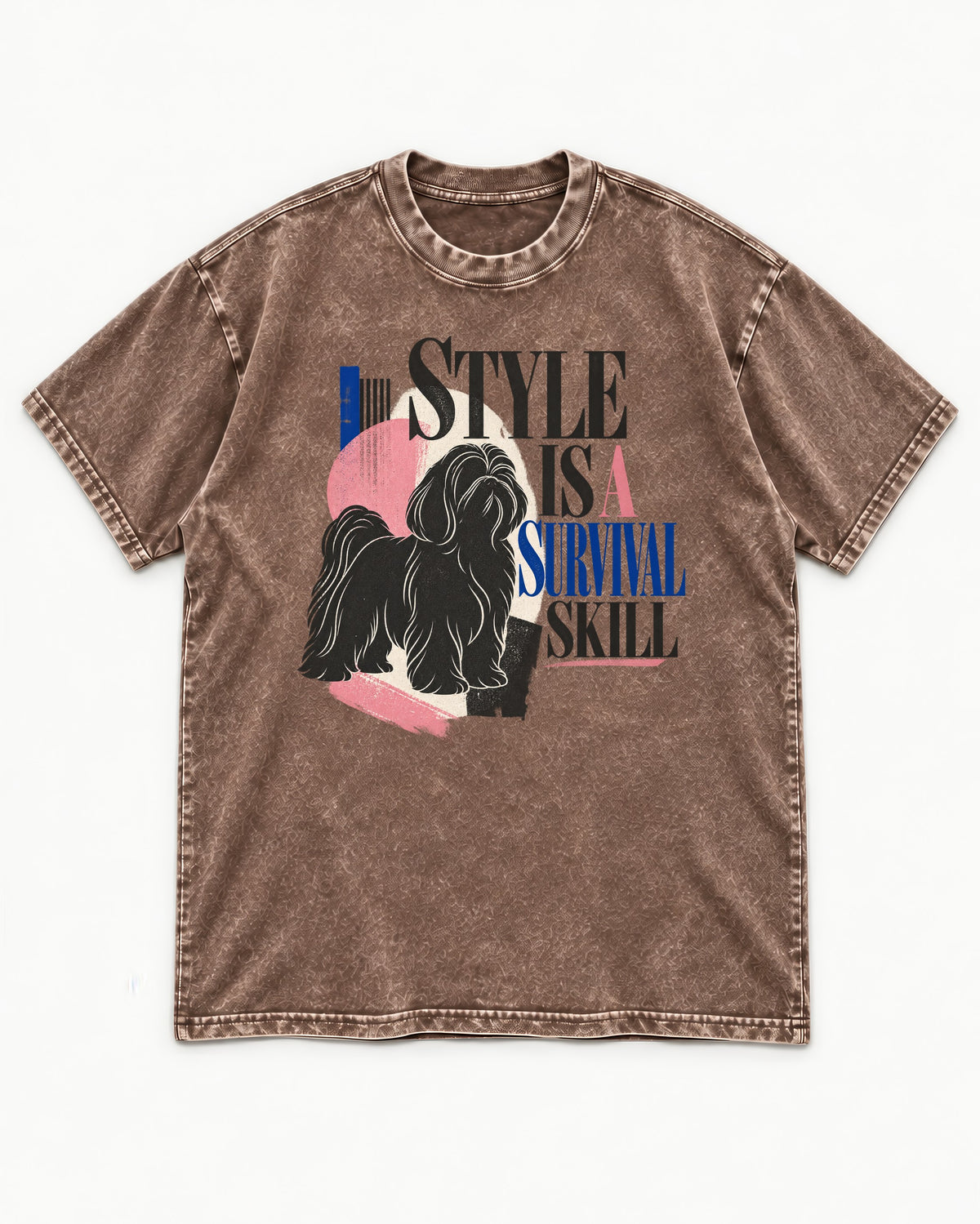 Shih Tzu Survival Skill Washed Tee in Coffee, flat lay product photo