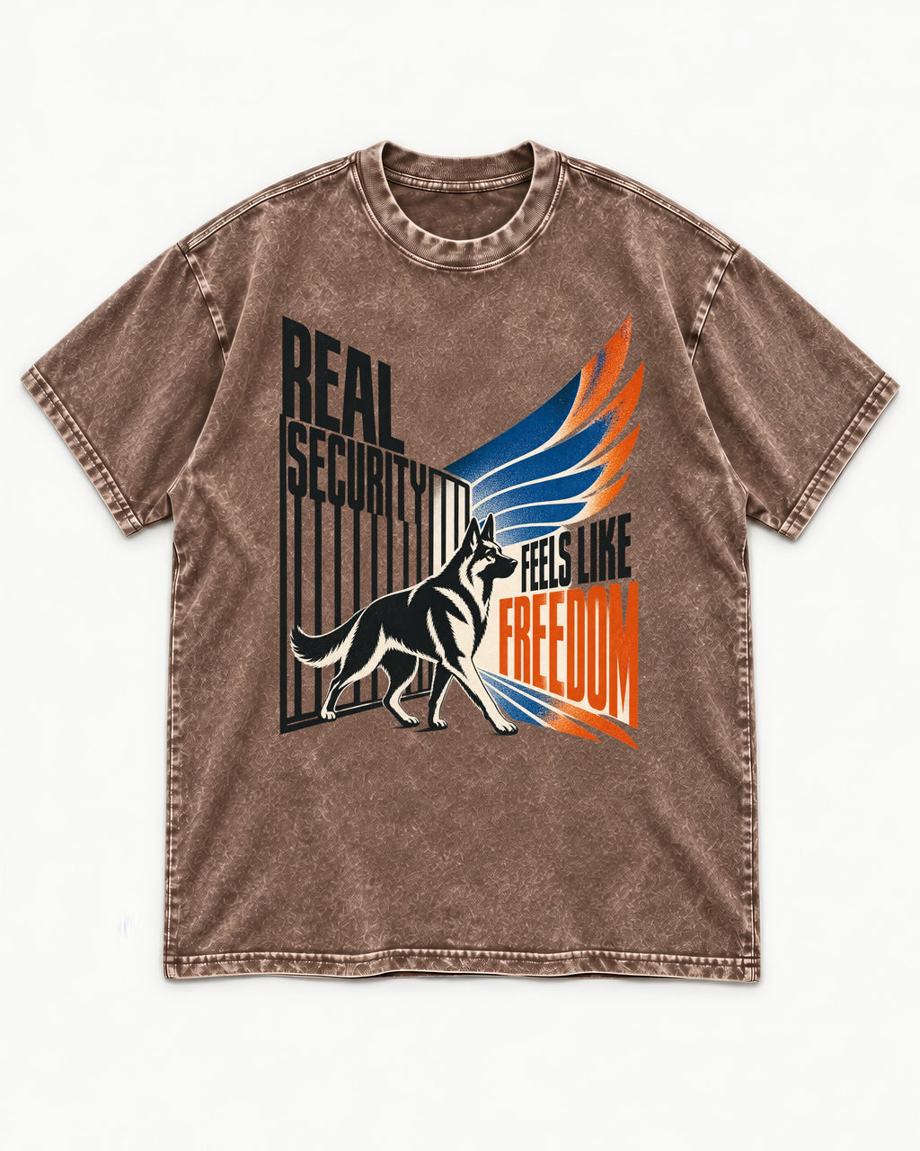 German Shepherd Dog Feels Like Freedom Washed Tee in Coffee, flat lay product photo