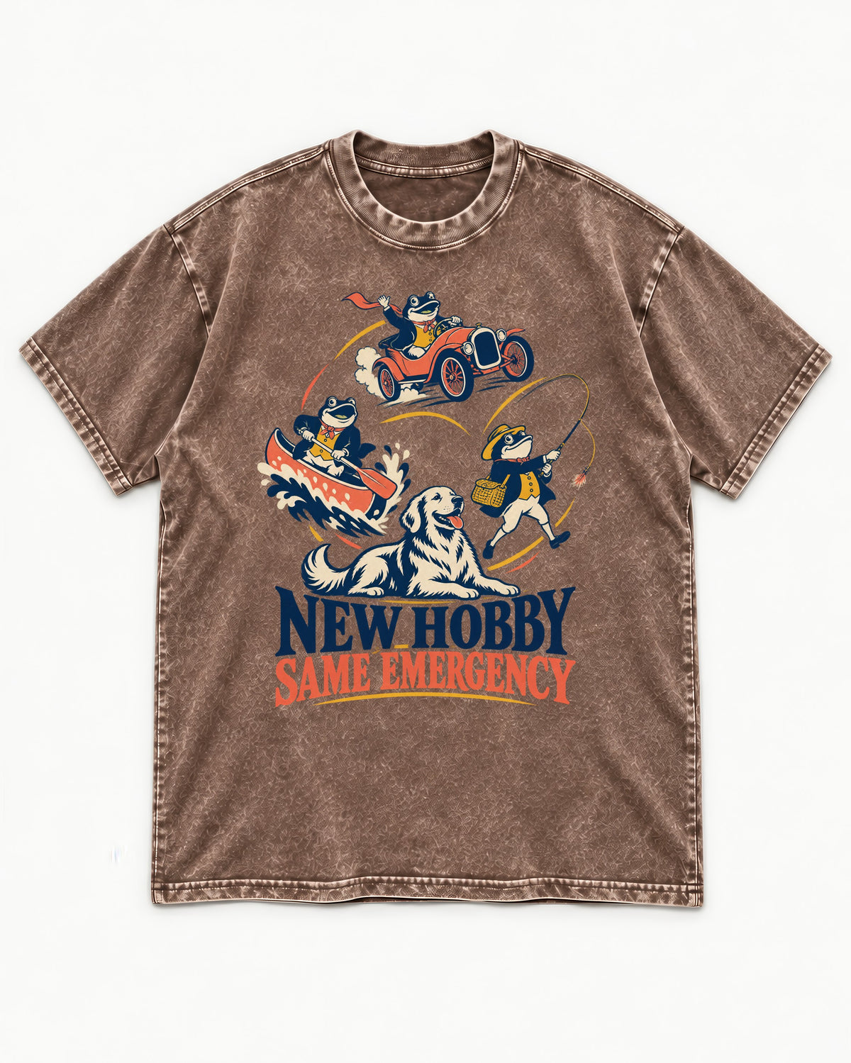 Golden Retriever New Hobby Same Emergency Washed Tee in Coffee, flat lay product photo