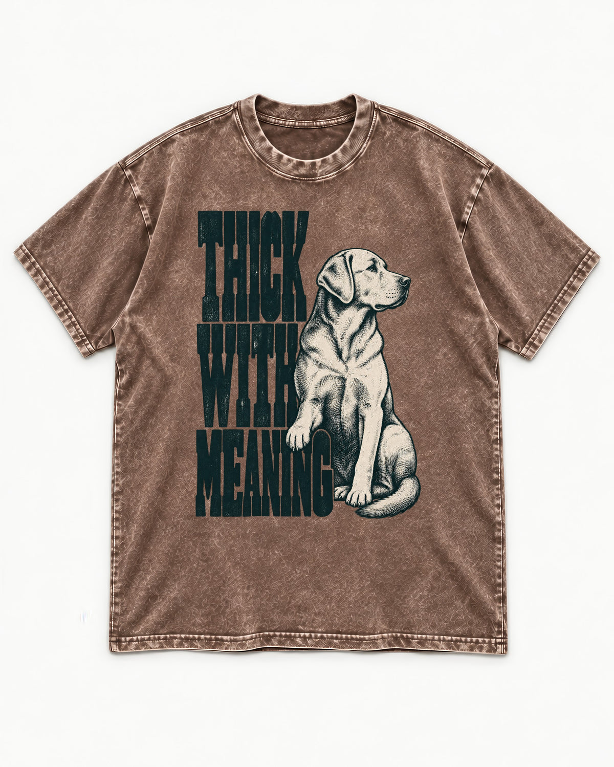 Thick with Meaning Labrador Retriever Washed Tee in Coffee, flat lay product photo