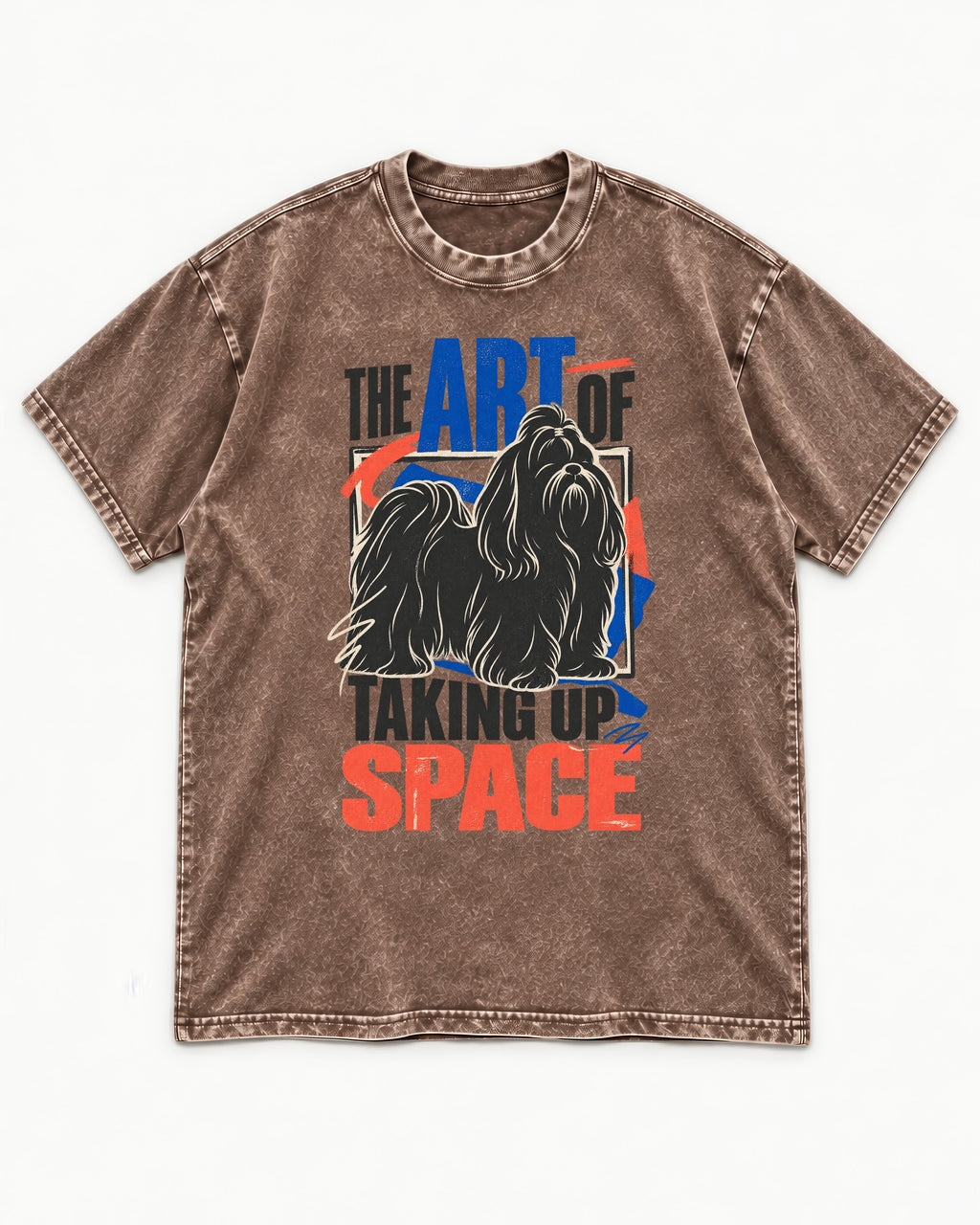 Shih Tzu Taking Up Space Washed Tee in Coffee, flat lay product photo