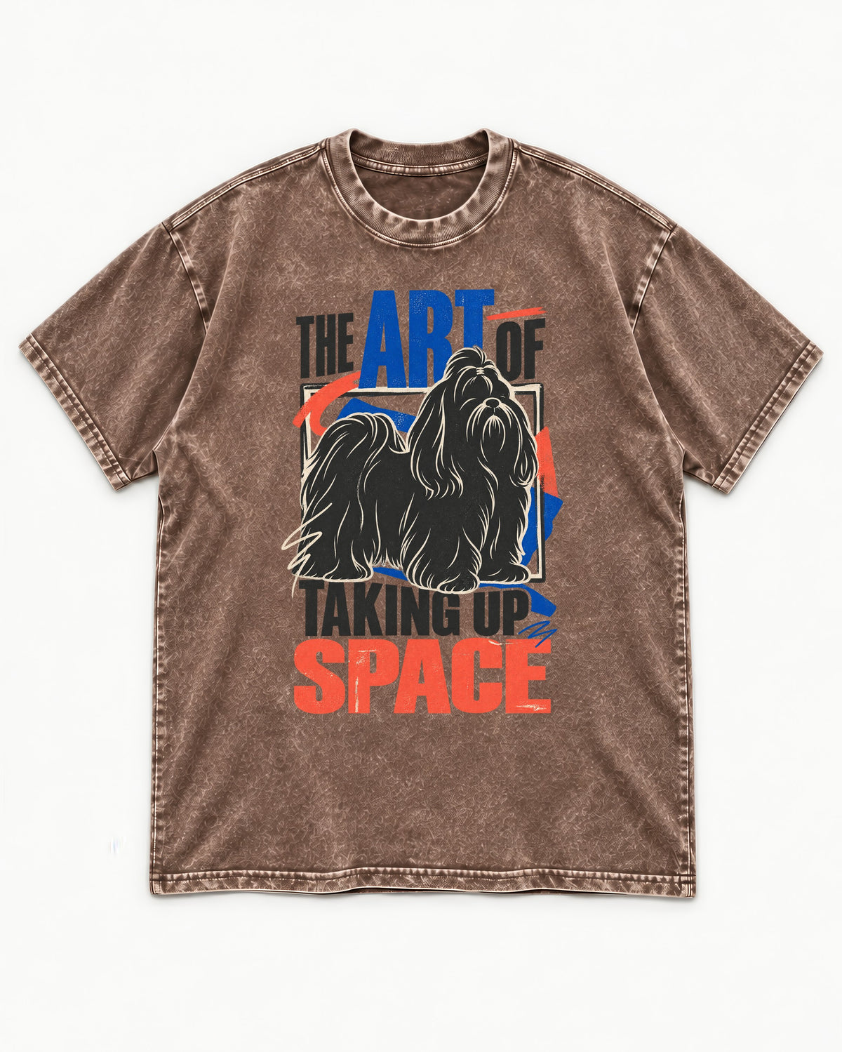 Shih Tzu Taking Up Space Washed Tee in Coffee, flat lay product photo
