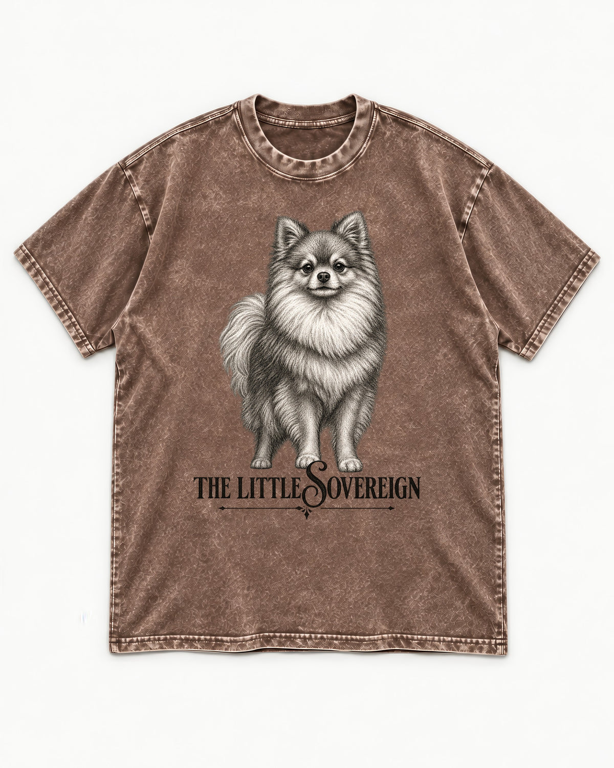 The Little Sovereign Pomeranian Washed Tee in Coffee, flat lay product photo