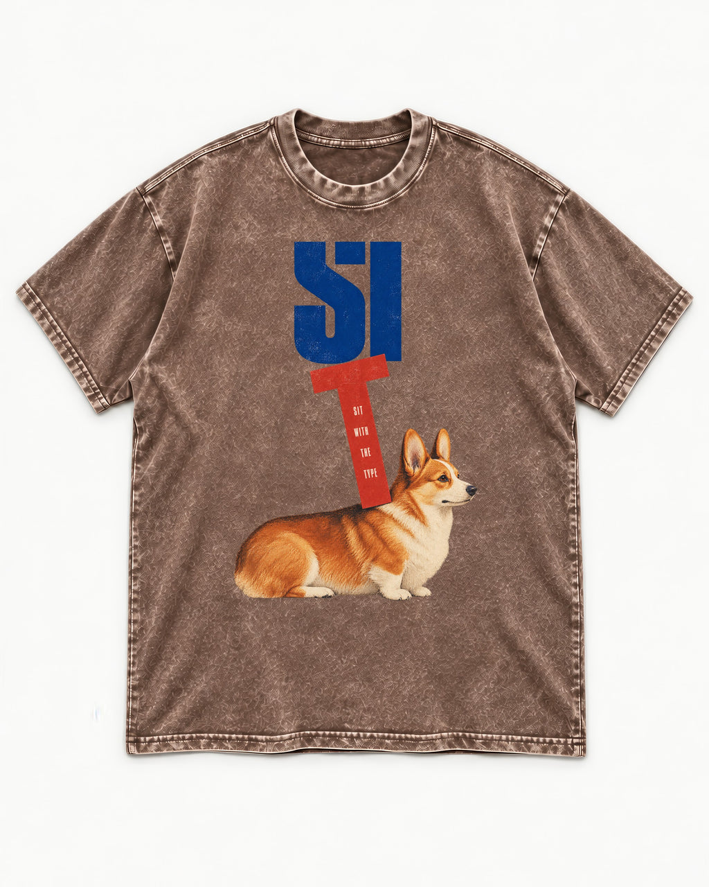 Sit with the Corgi Washed Tee in Coffee, flat lay product photo