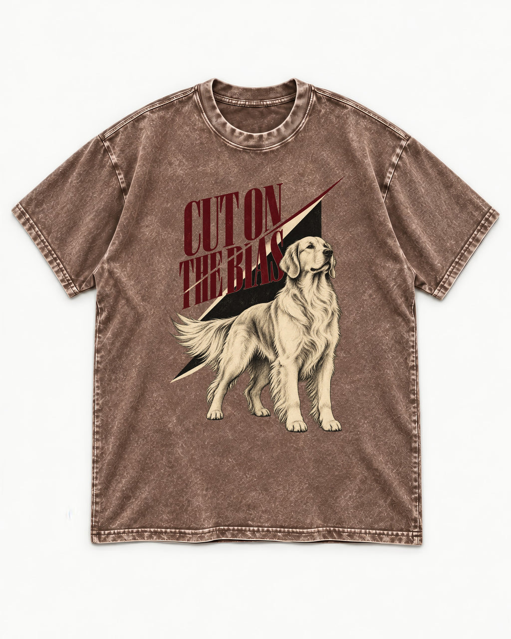 Cut on the Bias Golden Retriever Washed Tee in Coffee, flat lay product photo