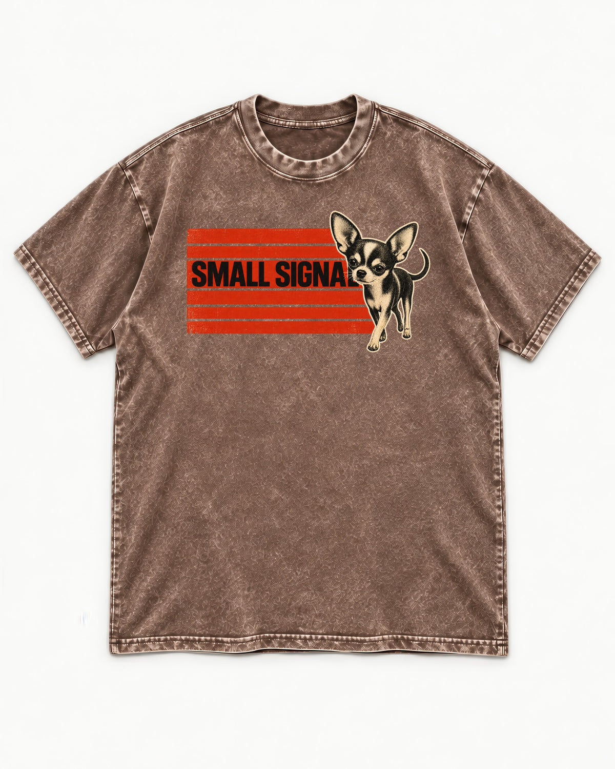 Small Signal Chihuahua Washed Tee in Coffee, flat lay product photo