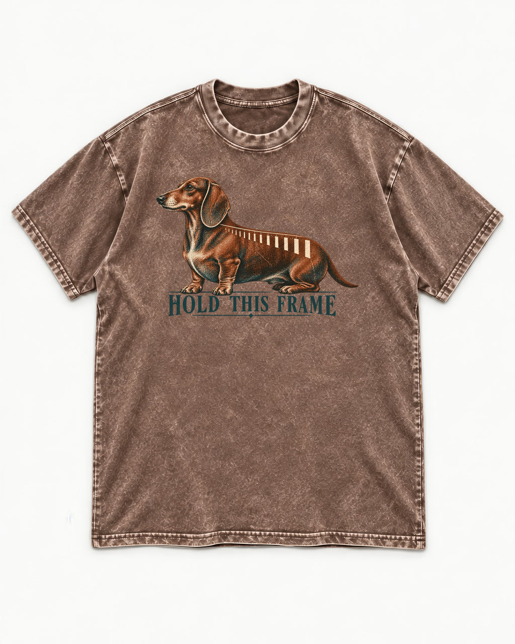 Dachshund Hold This Frame Washed Tee in Coffee, flat lay product photo