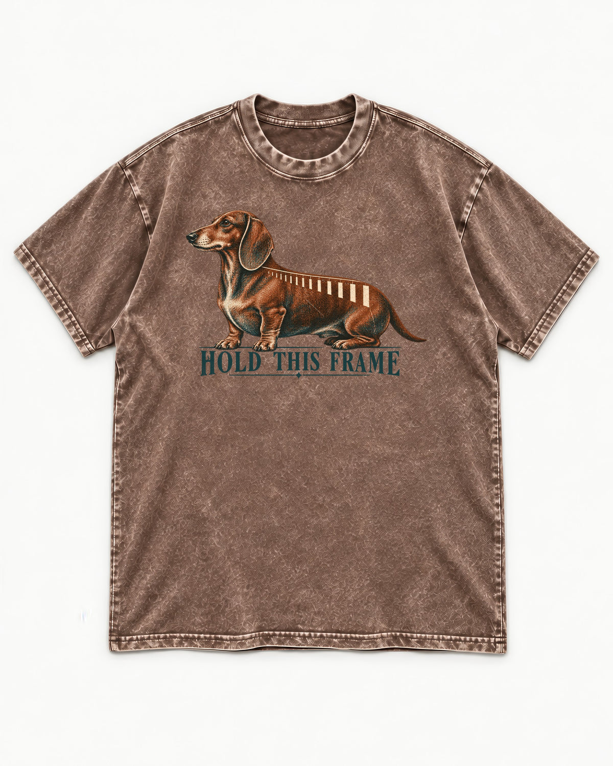 Dachshund Hold This Frame Washed Tee in Coffee, flat lay product photo