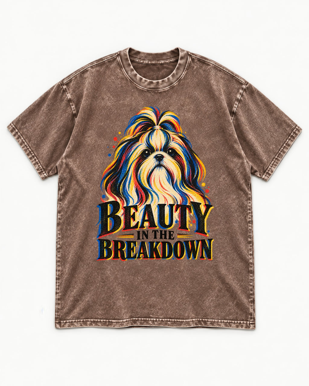 Shih Tzu Beauty in the Breakdown Washed Tee in Coffee, flat lay product photo