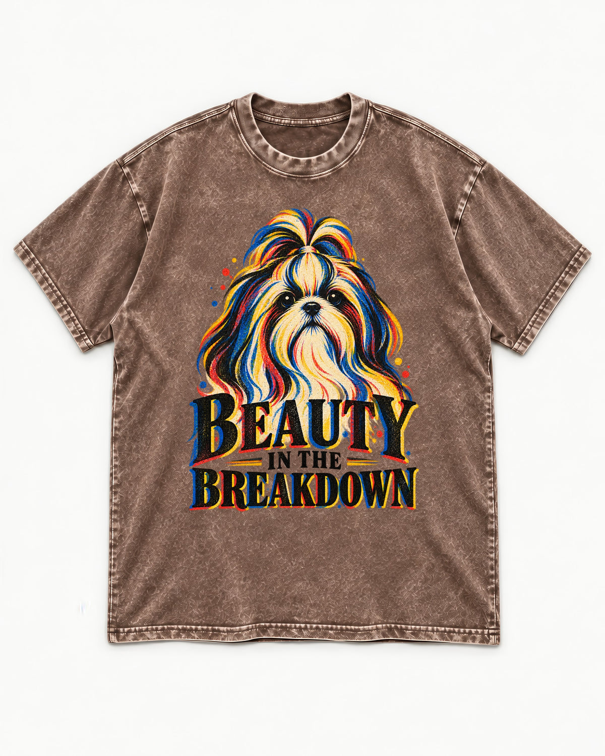 Shih Tzu Beauty in the Breakdown Washed Tee in Coffee, flat lay product photo