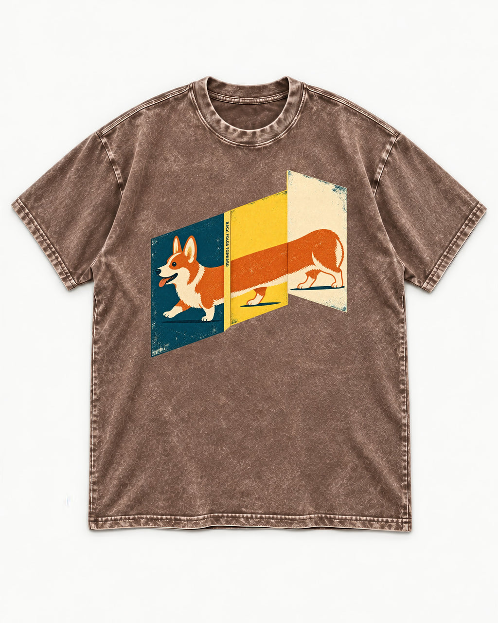 Corgi Back Folds Forward Panels Washed Tee in Coffee, flat lay product photo