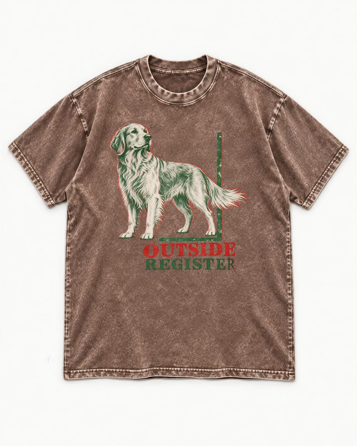 Outside Register Golden Retriever Washed Tee in Coffee, flat lay product photo