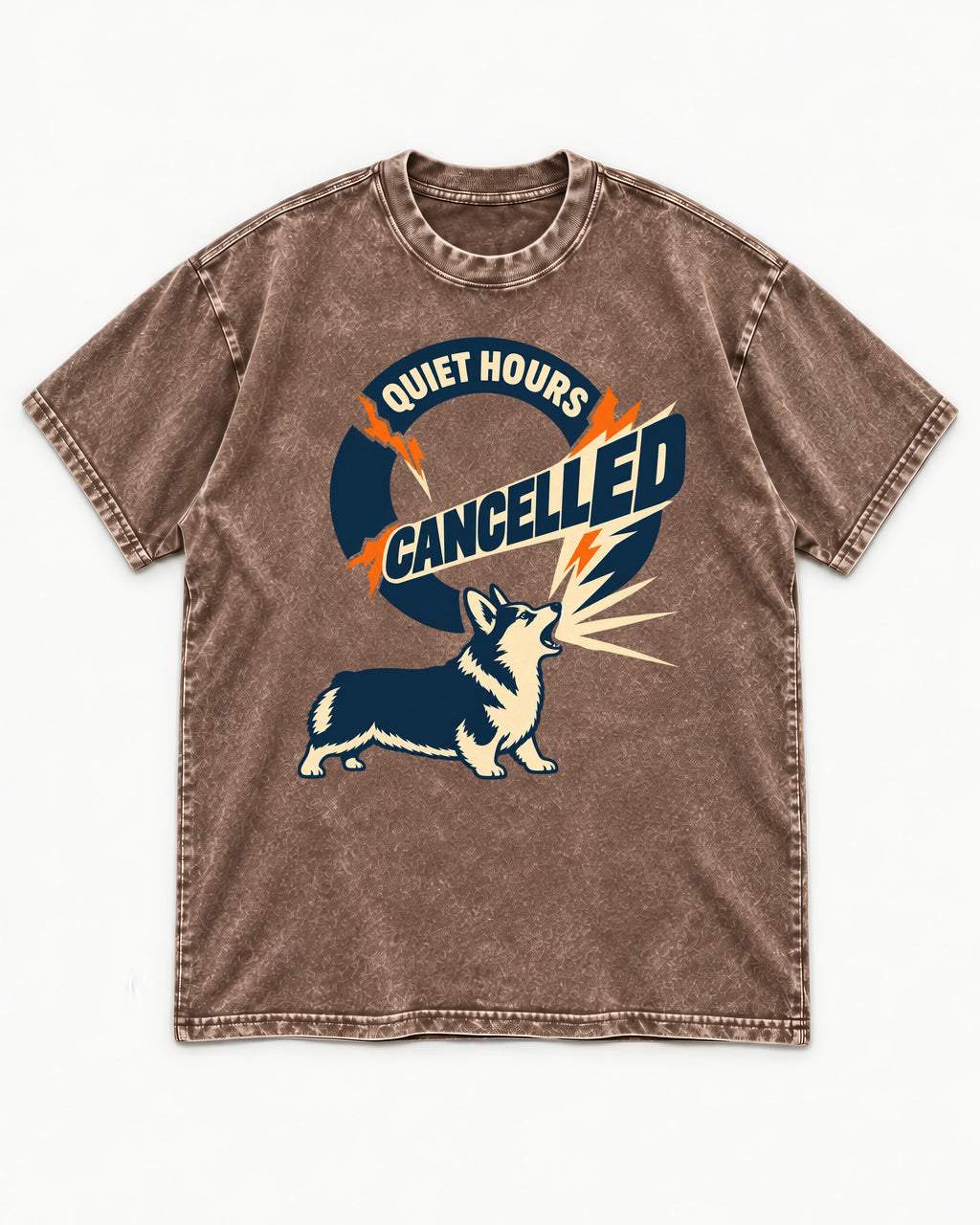 Corgi Quiet Hours Cancelled Calling Badge Graphic Washed Tee in Coffee, flat lay product photo