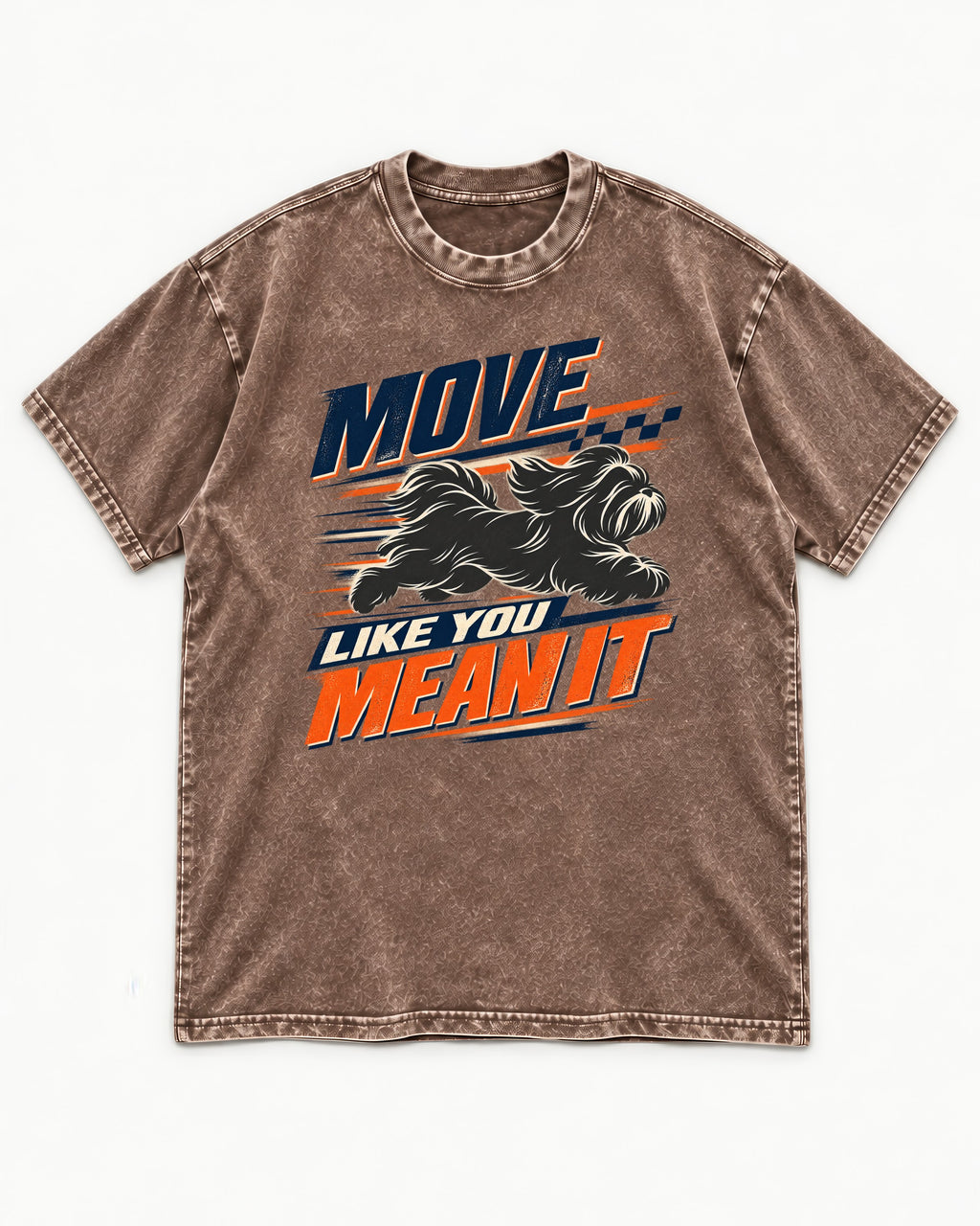 Move and Mean It Shih Tzu Washed Tee in Coffee, flat lay product photo