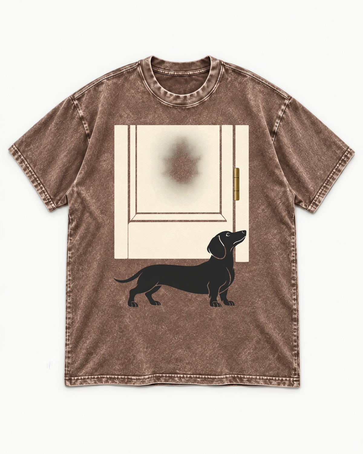 Dachshund Frosted Door Sentinel Graphic Washed Tee in Coffee, flat lay product photo